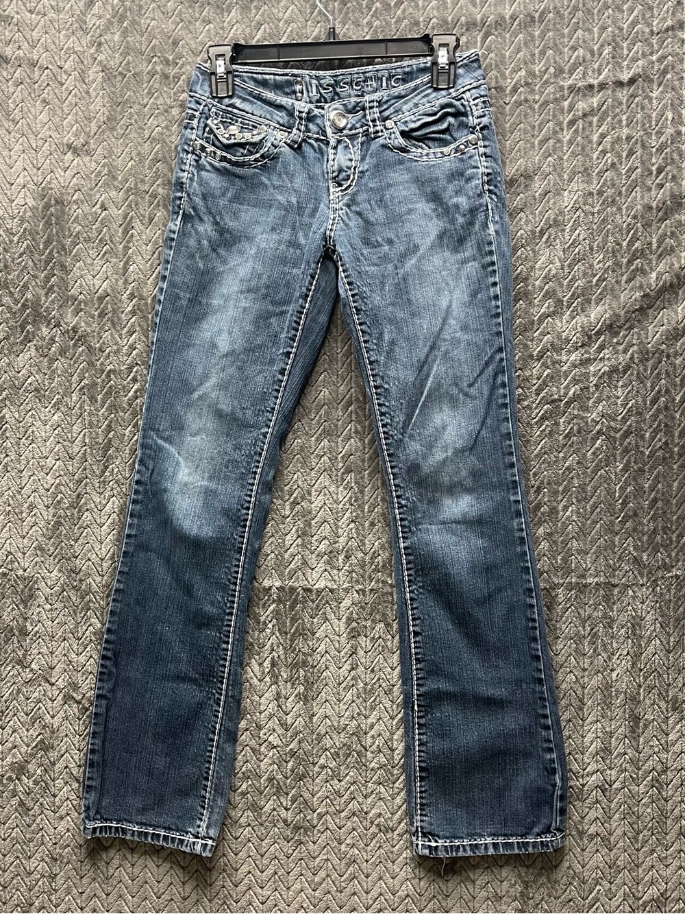 Miss Chic Women's Jeans Embellished With Rhinestones, Low Rise, Size 1